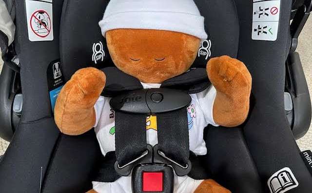 This five-point harness and chest clip on the Joie Mint Latch Infant Car Seat goes around the child’s shoulders and hips.