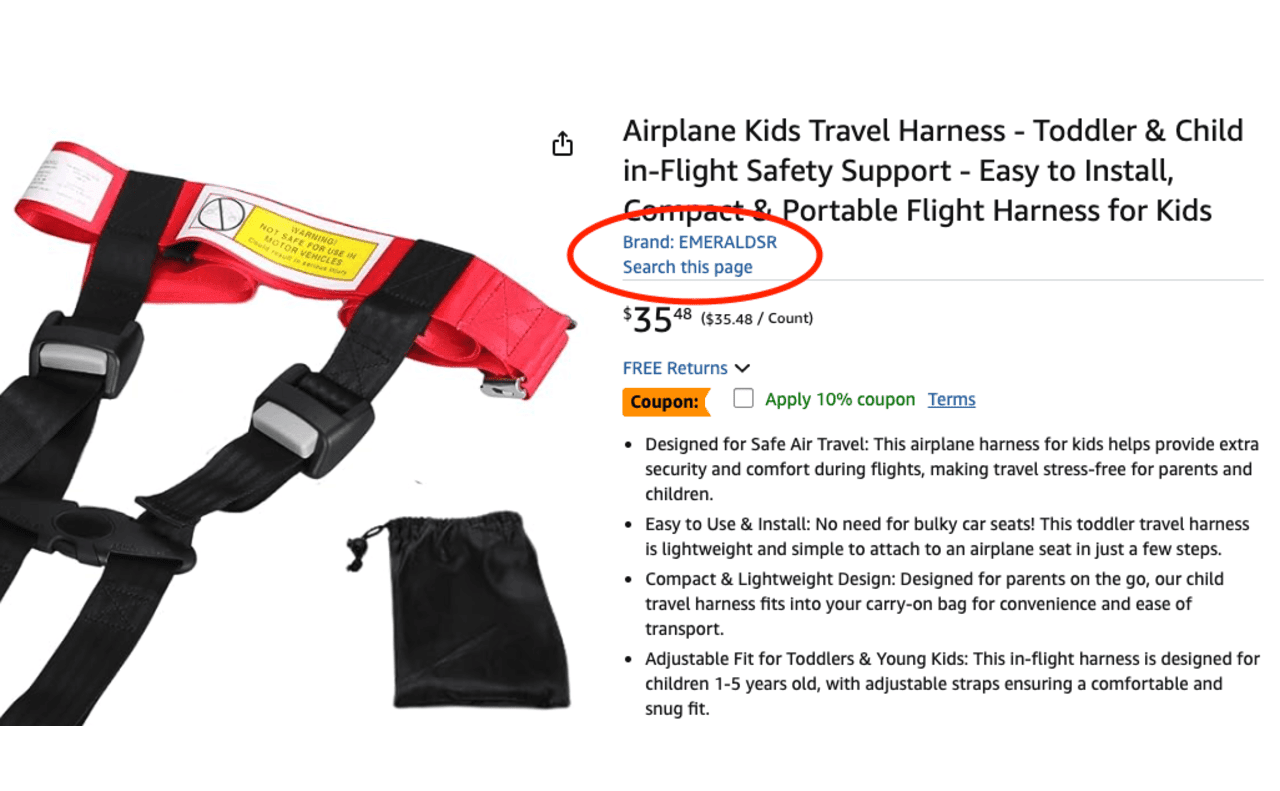 This CARES harness, an airplane restraint system, is counterfeit. It’s being sold by a third-party seller.