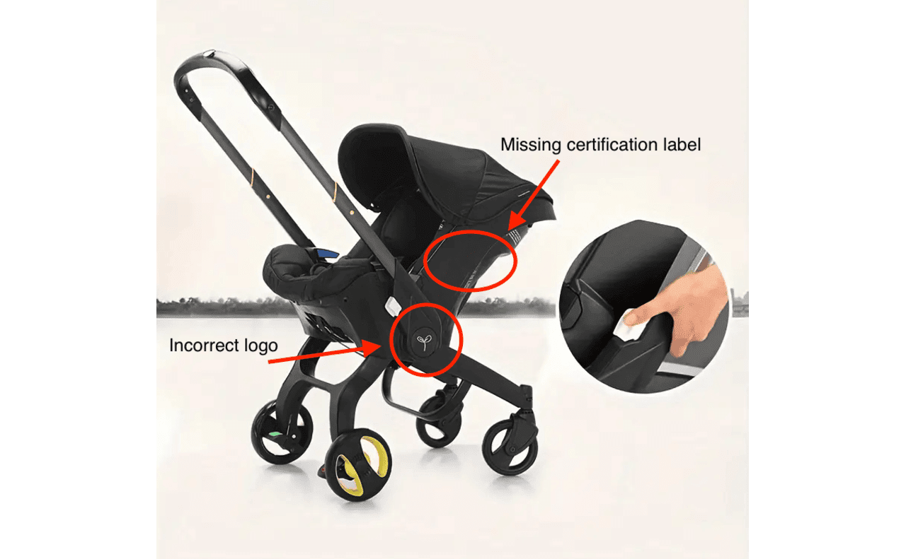 A fake Doona listing. The seat is missing a certification label and has an incorrect brand logo.