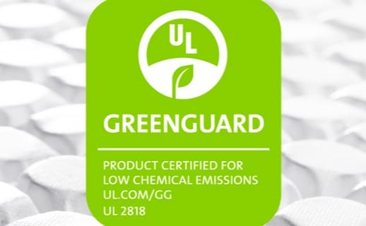 How the GREENGUARD certification appears as a label on product packaging.