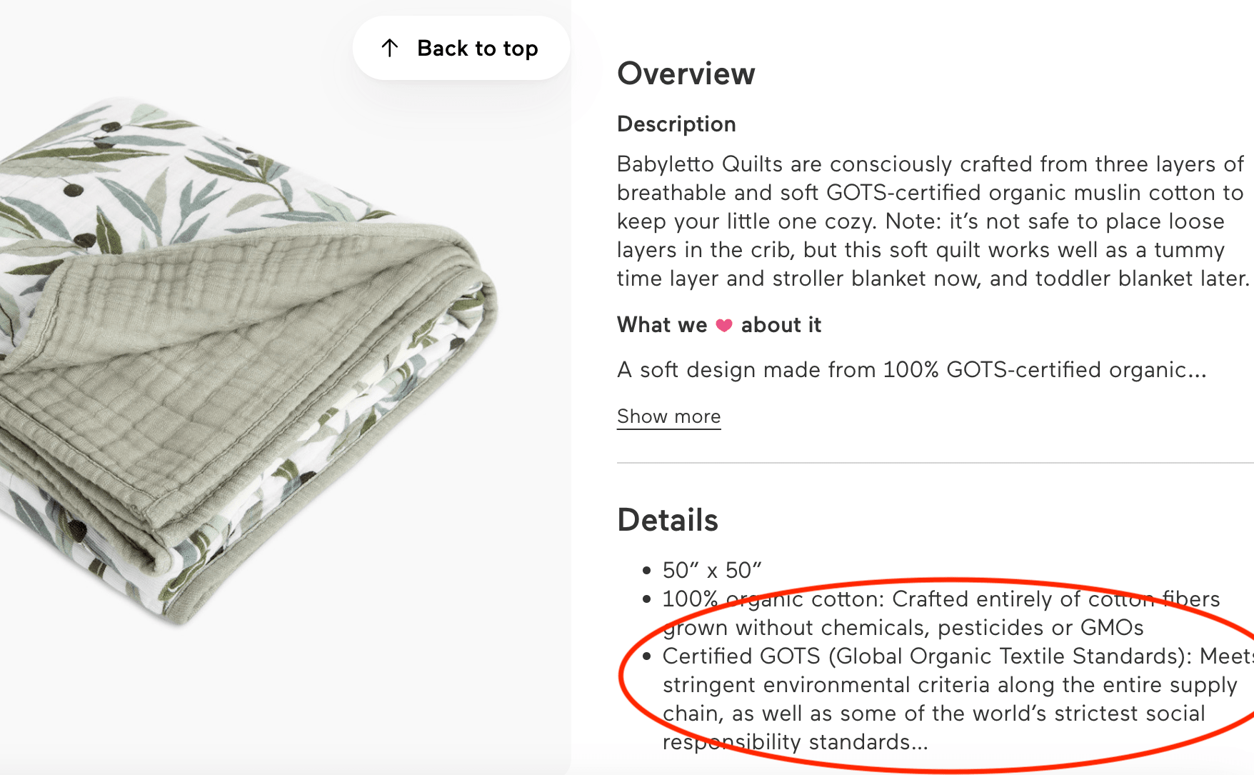 GOTS certification as seen in the product description of a Babyletto muslin blanket.