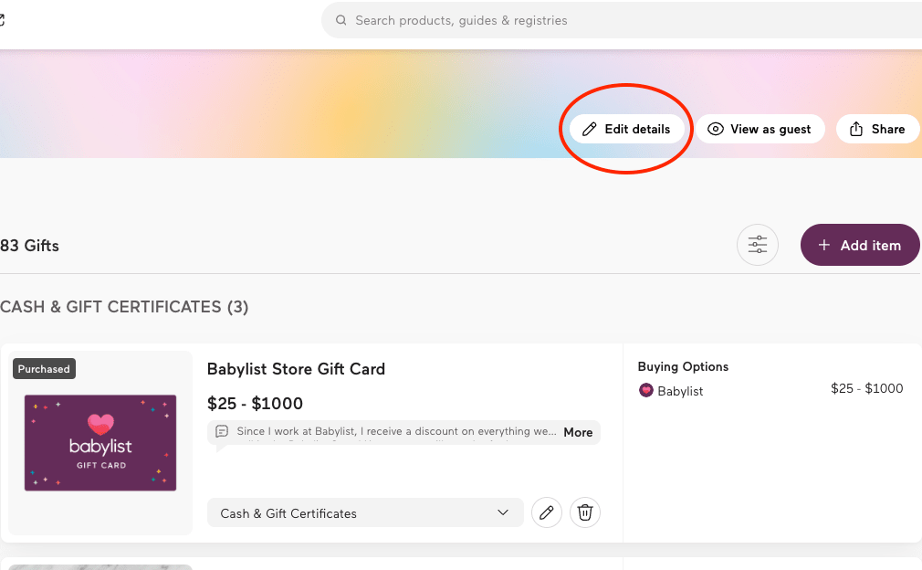 Click "Edit details" at the top of the baby registry page.