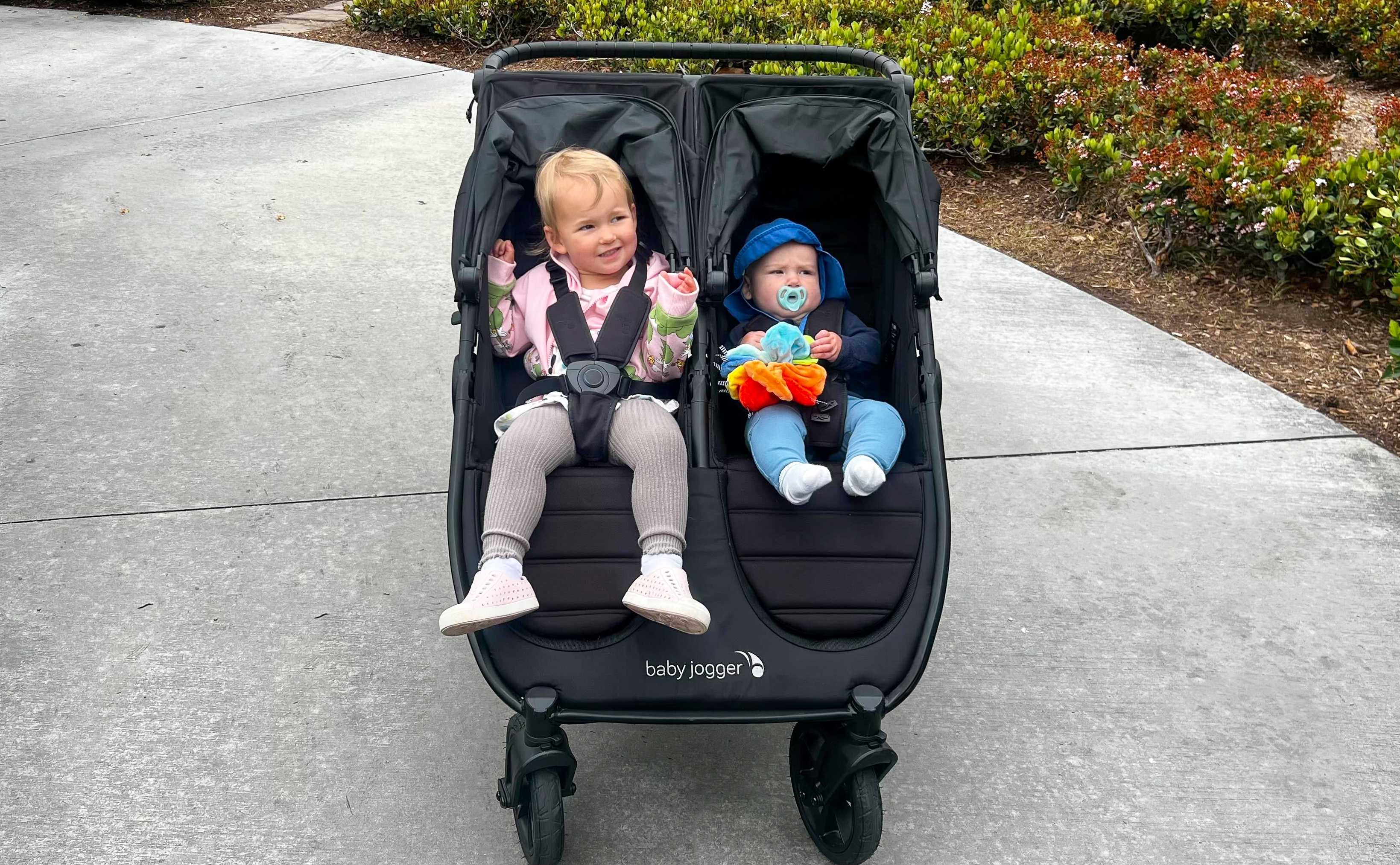 Baby Jogger City Mini GT2 Double Stroller with Canopies Up.