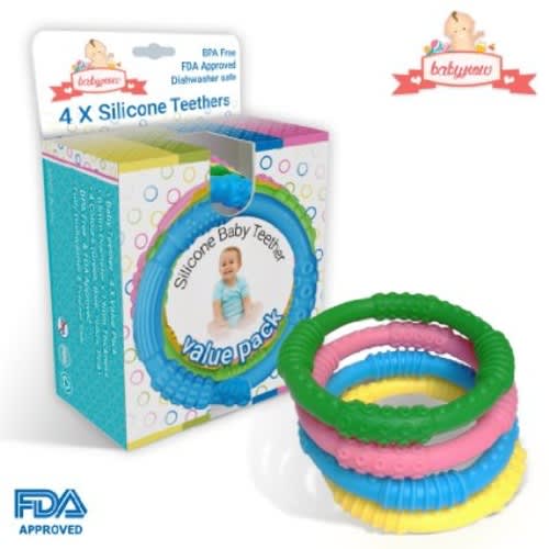 BEST Baby Teether Toy: 4 X Colour Pack - Sold with 5 Star Rating & Lifetime Guarantee - Bracelet Design: 2.6" Diameter - Fully BPA Free + Dishwasher Safe - Ships today with Amazon.Com