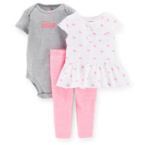 Carter's Girls 3 Piece "Daddy's Sunshine" Short Sleeve Bodysuit, White Flamingo Print Henley Top and Striped Legging Set, 6 MONTHS