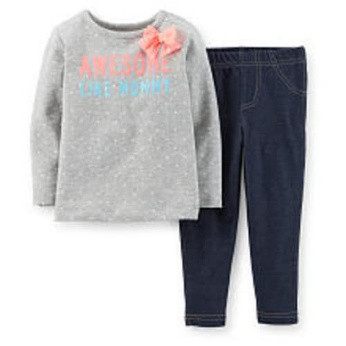 Carter's Girls 2 Piece Grey Polka Dot "Awesome Like Mommy" Knit Top and Denim Legging Set, 9 MONTHS