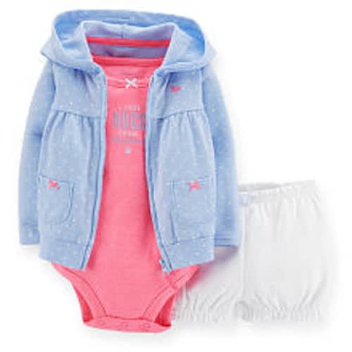 Carter's Girls 3 Piece Blue Polka Dot Hooded Cardigan, White Bloomer and Pink "I Love Hugs From Mommy" Bodysuit Set, NEWBORN