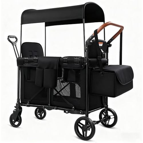 Wagon Stroller for 2 Kids, Foldable All-Terrain Wagon for Kids with Canopy, Adjustable Push and Pull Handles,Convertible High Seat & Organizer, 5 Point Harness (Black)