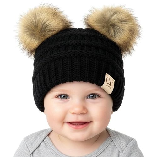 Double Pom Pom Baby Beanie – Newborn Girl Winter Hat 0–12 Months, Cute Cozy Knit Infant Beanies for Cold Weather