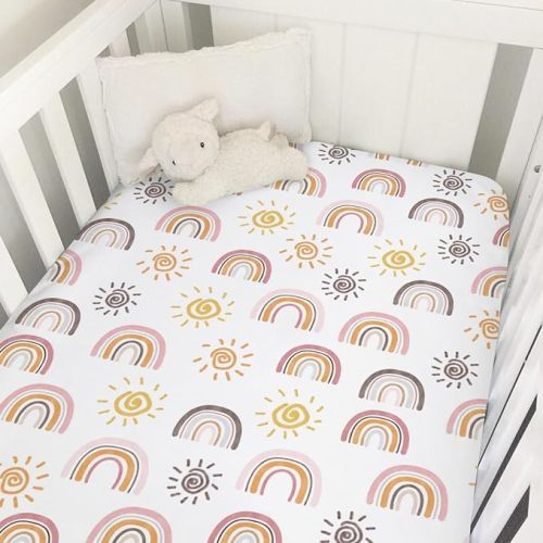 Boho Sunshine Rainbow Baby Crib Sheets 52''x28'' Colorful Rainbow Sun Stretchy Fitted Crib Mattress Cover for Boy Girl Soft Baby Nursery Bed Sheet for Standard Crib and Toddler Mattresses
