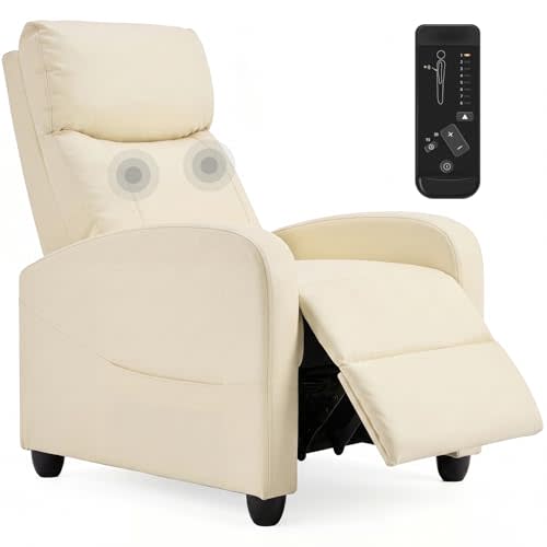 Massage Recliner Chair, Recliner Sofa Fabric for Adults, Recliners Home Theater Seating with Lumbar Support, Reclining Sofa Chair for Living Room, Cream