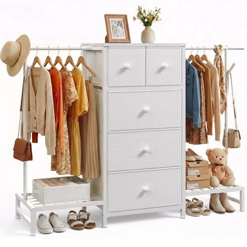 Romorgniz 3-in-1 White Dresser with Hanging Rack, 5 Drawers & 2 Shoe Racks | Stable & safe daily storage with convenient hanging organization, perfect for room residents and apartment renters