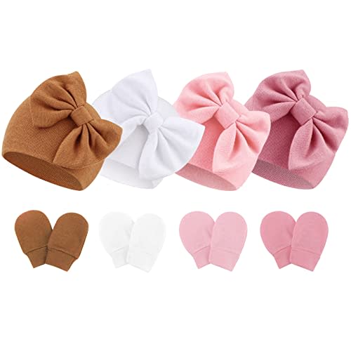 BQUBO Newborn Baby Hats Mittens Set Hospital Hat Beanie Infant Bow Hats Baby Gloves No Scratch Mittens for 0-6 Months
