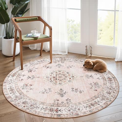 Lahome Washable Pink Round Rug 6ft, Soft Europe Vintage 6x6 Circle Rug for Nursery Girls Bedroom,Non-Slip Floral Pastel Circular Carpet for Living Room Corner Floor Home Office Decor