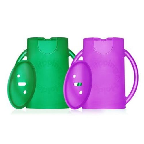 Flipping Holder Food Pouch Holder No Squeeze, flips over to hold drink boxes and juice pouches, easy grip handles and lid (Green + Purple 2-Pack)