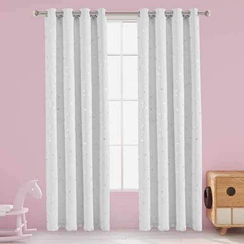 LORDTEX Dinosaur and Star Foil Print Blackout Curtains for Kids Room - Thermal Insulated Curtains Noise Reducing Window Drapes for Boys and Girls Bedroom, 52 x 84 Inch, Greyish White, 2 Panels