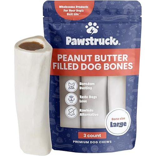 Pawstruck Large 5-6" Filled Dog Bones, Peanut Butter Flavor - Made in USA, Long Lasting Stuffed Femur for Aggressive Chewers, Dental Treat - Pack of 3, Packaging May Vary