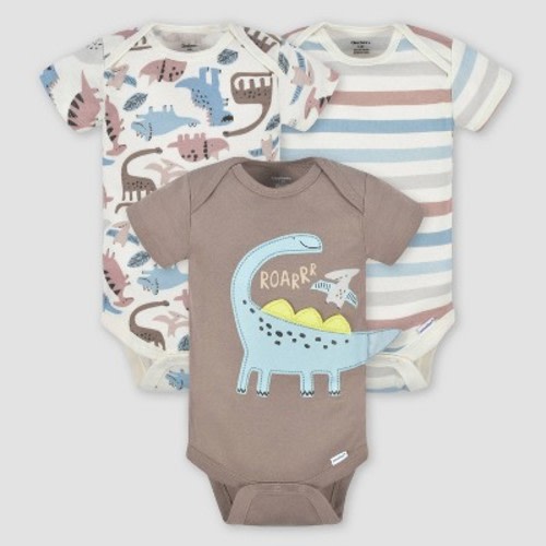 Gerber Baby Boys' 3pk Dino Short Sleeve Onesies - White/Brown 3-6M