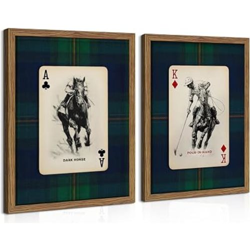 Framed Vintage Playing Card Wall Art Set of 2, Classic Polo Rider and Race Horse Canvas Prints, Retro Equestrian Sketch Poster, Old-Money Sports Wall Decor for Study Home Office Game Room 8x10in