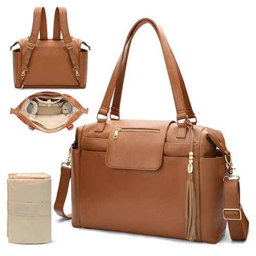 Omanmoli Diaper Bag Tote Leather Diaper Bag Backpack Large Baby Bag 14 Diaper Organizing Pouches,Changing Pad,Crossbody Strap,4 Insulated Pockets,Brown