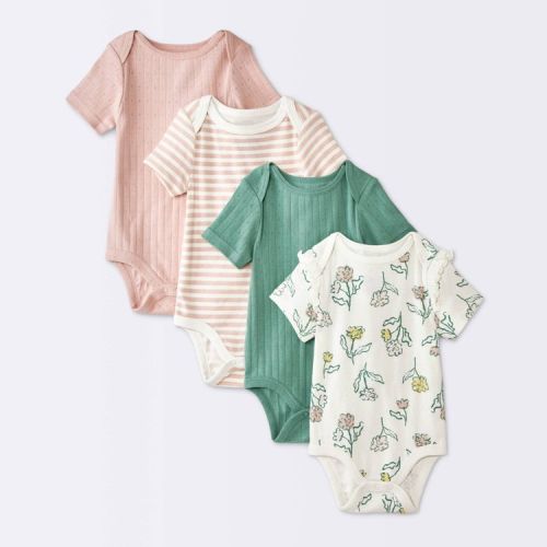 Baby Girls' 4pk Floral Short Sleeve Pointelle Bodysuit - Cloud Island™ Cream 6-9M