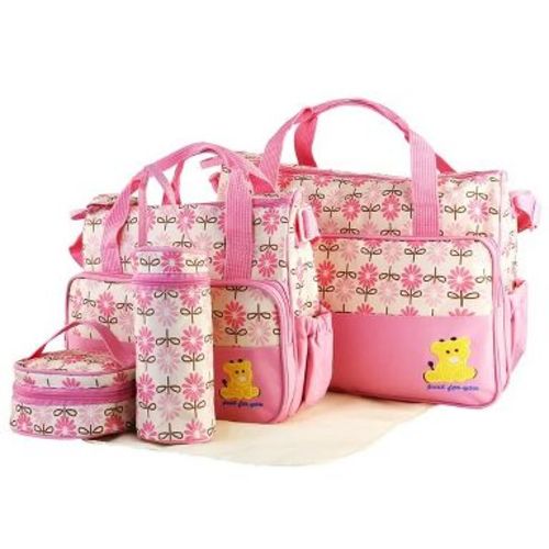 Racxily 5PCS Baby Nappy Diaper Bags Set Mummy Diaper Shoulder Bags w/ Nappy Changing Pad Insulated Pockets Travel Tote Bag, Pink
