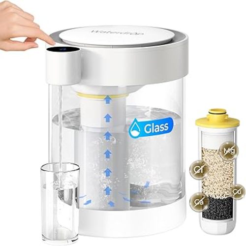 Waterdrop ED12W Glass Rechargeable Water Filter Dispenser, Large 22-Cup, Reduce 70+ Contaminants, Instant Eco-Friendly Countertop Water Filter System, 5-Stage Soften Water Pitcher, with 1 Filter