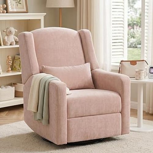 Power Nursery Rocking Chairs: 270° Swivel Rocker Recliner with Waist Pillow & USB Charging Port, Ultra Comfy Nursery Glider Recliner for Nursery Living Room and Bedroom Pink