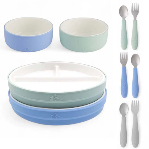Kids Porcelain Mealtime Bundle | Normal Sleeves | 7.8" Plates, Bowls + Toddler Utensils | 10 Pcs | Sage/MistyBlue
