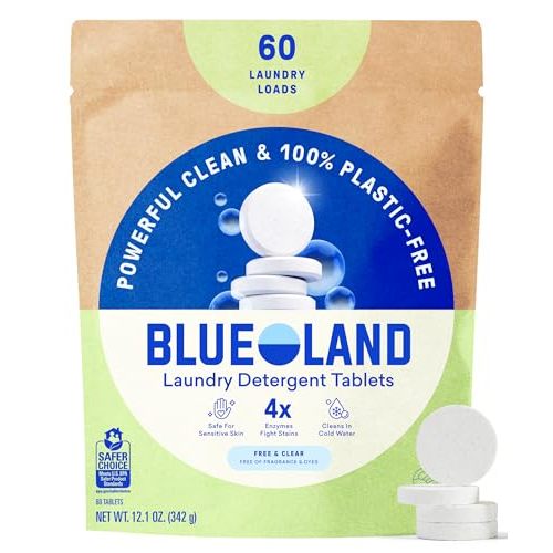 BLUELAND 100% Plastic-Free Laundry Detergent Tablets, 60ct, Free & Clear | Lifts Tough Stains and Odors, Safe for Sensitive Skin, Eco-Friendly Alternative to Pods, Sheets & Liquid, Septic Safe