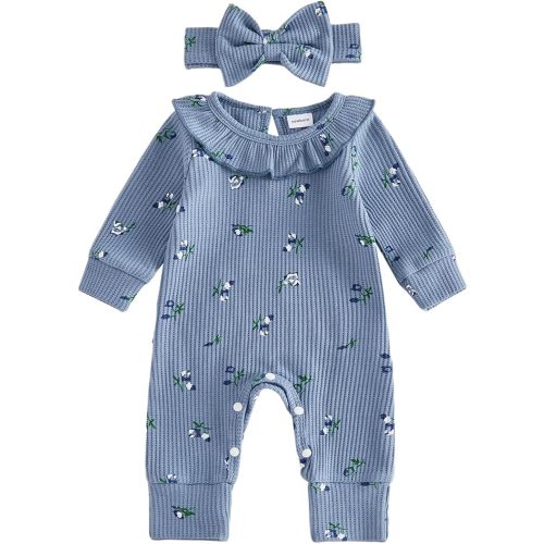Infant Baby Girl Fall Outfit Romper Floral Print Ruffled Trim Crew Neck Long Sleeve Jumpsuit Newborn Waffle Clothes