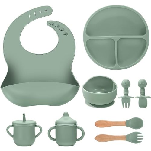 Silicone Baby Feeding Set 9 Pcs, Spill-Proof Suction Plate, Bowl, Bib, Silicone spoon&forks, Wooden Spoons&forks, Training cup with straw and Sippy Cup, Baby Eating Utensils (Green)