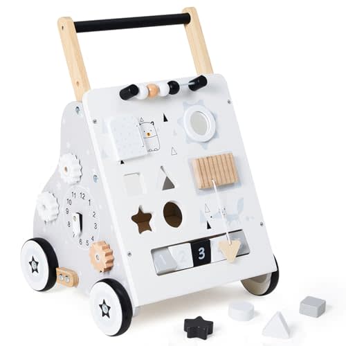 PTINFLUCE Wooden Baby Walker, Baby Push Walker with Wheel, Push and Pull Toys Learning to Walk, Montessori Walker Toy for Kids Development, Adjustable Speed and Height