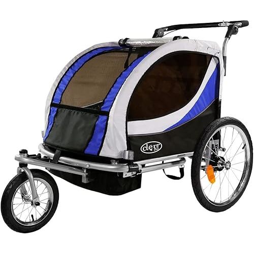 ClevrPlus Deluxe 3-in-1 Double 2 Seat Bicycle Bike Trailer Jogger Stroller for Kids Children | Foldable Collapsible w/Pivot Front Wheel