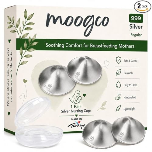 MOOGCO The Original Silver Nursing Cups – Protectores de pezones para lactancia materna recién nacido – Esenciales para lactancia materna – Cubiertas de pezones de plata de 999 k (tamaño regular, juego de 2)