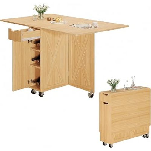 3imothrix Folding Dining Table, Dinner Table with Drawer and Storage and Shelves, Space Saving Dining Table with 6 Wheels, Kitchen Table for Small Spaces (Oak)