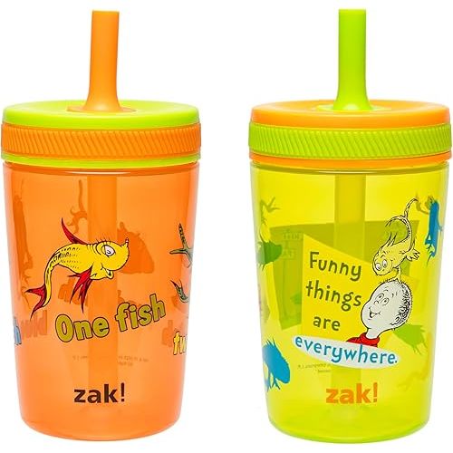 Zak Designs Dr. Seuss Kelso Toddler Cups For Travel or At Home, 15oz 2-Pack Durable Plastic Sippy Cups With Leak-Proof Design is Perfect for Kids (One Fish, Two Fish, Red Fish, Blue Fish)