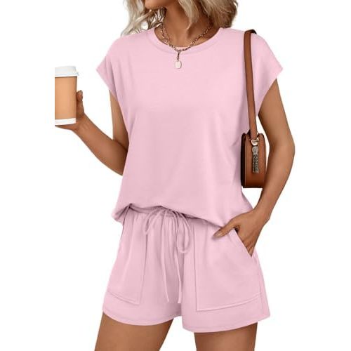 AUTOMET Womens Crew Neck Two Piece Short Sets Cap Sleeve Drawstring Summer Sweatsuit with Pocket