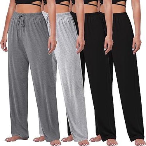 FEQO 4 Pack Women's Pajama Bottoms Lounge Pants Wide Leg Casual Yoga Pants Soft Drawstring Loose Sweatpants for Women