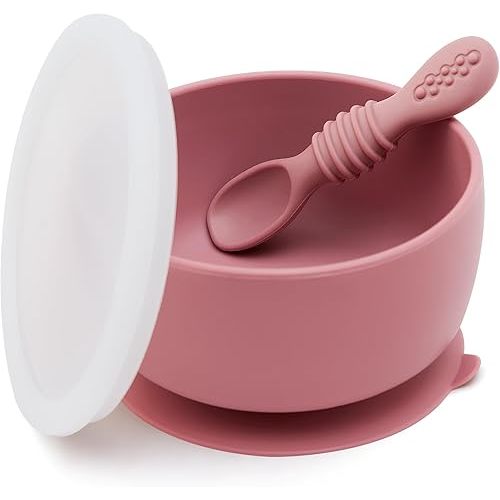 SAMiGO Silicone Baby Bowl and Spoon Set with Suction and Lid, First Stage Self Feeding Essentials, Food Bowl for 6+ Months