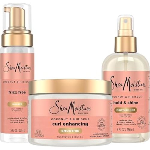 SheaMoisture Curl Care Bundle, Coconut & Hibiscus, Locks Enhancing Smoothie, Hold & Shine Moisture Mist, Frizz Free Mousse for Curly Hair, Wavy Styles, Natural