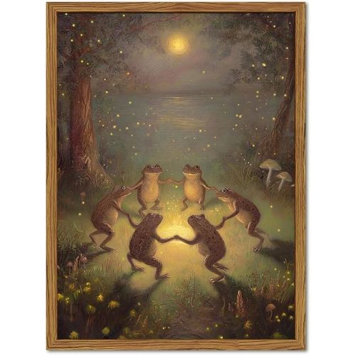 Vintage Framed Whimsical Frog Wall Art, Funny Cottagecore Frogs Dancing in Moonlight Forest Wall Decor Paintings, Dark Academia Animal Pictures Canvas Prints for Living Room Bedroom Nursery 8x10 inch