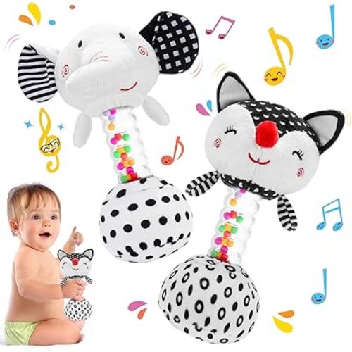 FPVERA Baby Soft Rattles Shaker: Infant Developmental Hand Grip Baby Toys, High Contrast Black and White Newborn Sensory Toys Rattle Toy 0 3 6 9 12 Months for Babies Boys Girls Shower Gift, 2PCS