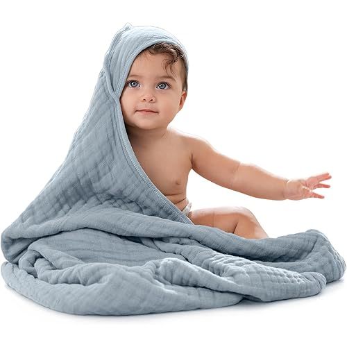 Comfy Cubs Hooded Baby Towel 1-Pack, Large 32 x 32 Inch - 6 Layer 100% Muslin Cotton for Babies, Toddlers and Kids - Soft & Absorbent Baby Bath Towels - Unisex Design for Bath Time - Pacific Blue
