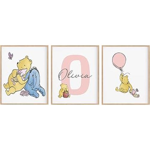 Prints Made Perfect Personalized Winnie Nursery Name Print Set, Classic A.A. Milne Wall Art, Custom Baby Name Wall Decor, Pooh Bear Boy Girl Toddler Room Artwork, Unframed (11x14, Set Of 3)