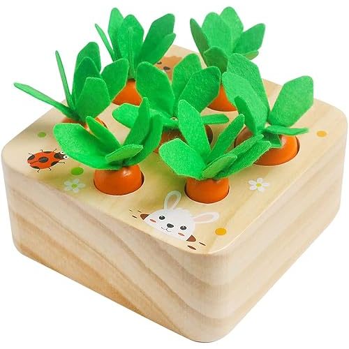Skrtuan Montessori Toys for Babies 6-12 Months, Wooden Toys for 1 2 3 Year Old Toddlers, Educational Carrot Harvest Shape Sorting Matching Puzzle, Developmental Birthday Gifts for Boys and Girls