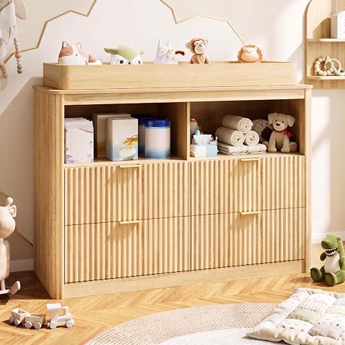 St.Mandyu Changing Table Dresser, 4 Large Drawers Wood Baby Nursery Dresser with Raised and Detachable Changing Table Top, Fluted Diaper Changing Table with Gold Handles, Natural