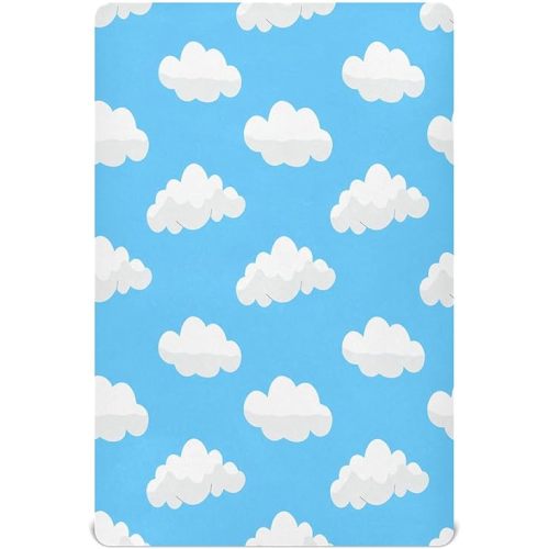 White Clouds Sky Blue Crib Sheets for Boys Girls Soft Breathable Mini Crib Sheets for Baby 52" x 28"