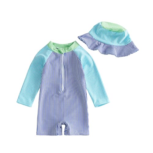 Toddler Baby Boys Seersucker Long Sleeve One Piece Rash Guard Swimsuit Zipper Bathing Suit Swimwear with Hat