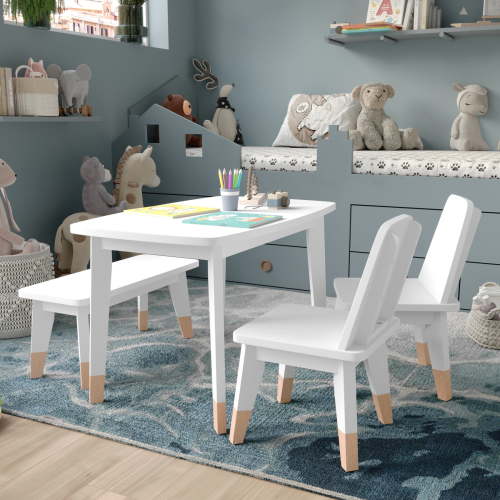 Buzz & Bloom Kids 4-Piece Wood Table, 2 Chairs, and Bench Seating Set with Rounded Corners, White/Natural